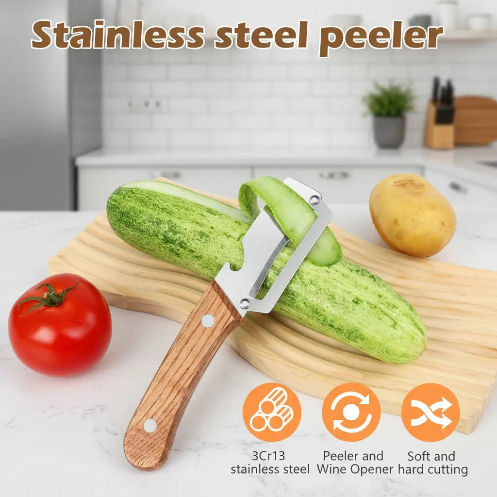 【Master Chef Grade】✨ TitanBlade Pro · 2.5mm Zero-Flex Steel Engineering · Heavy Duty Peeler & Bottle Opener for Tough Produce (Pumpkin, Pineapple, Sugar Cane) — Ergonomic Wood Handle, No-Slip Grip, Clean Cuts in Seconds!